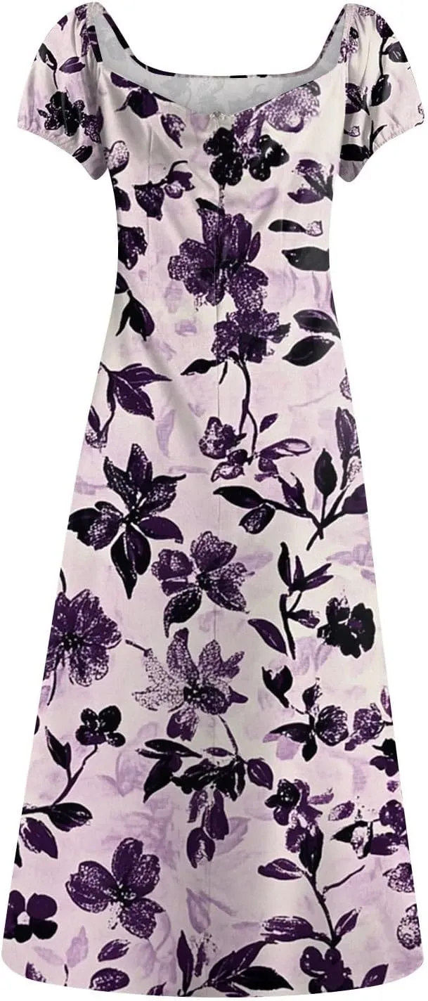 Women's Sexy Square Neck Short Sleeve Maxi Dress Bowknot Floral Print Prom Party Cocktail Dresses Plus, XS-3XL