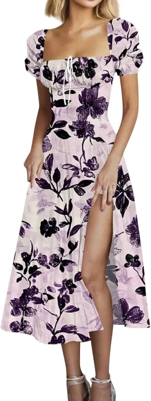 Women's Sexy Square Neck Short Sleeve Maxi Dress Bowknot Floral Print Prom Party Cocktail Dresses Plus, XS-3XL