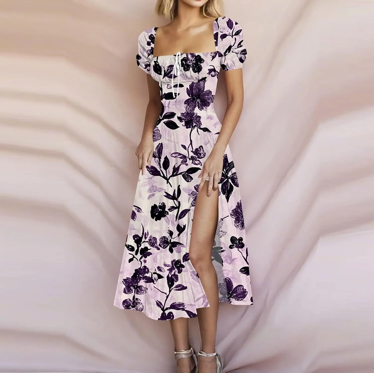 Women's Sexy Square Neck Short Sleeve Maxi Dress Bowknot Floral Print Prom Party Cocktail Dresses Plus, XS-3XL