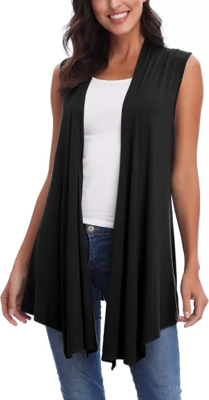 Womens Sleeveless Open Front Draped Asymmetric Hem Cardigan Vest