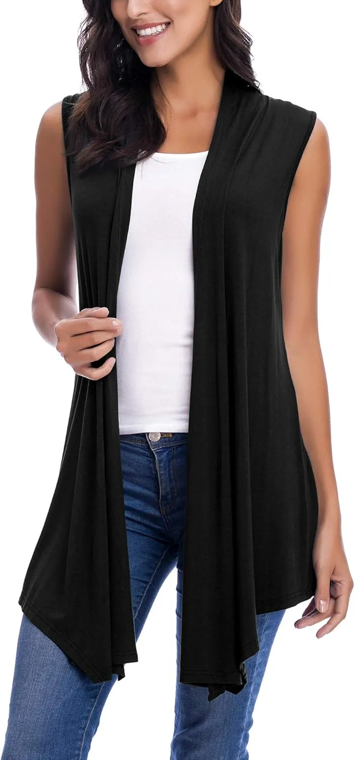 Womens Sleeveless Open Front Draped Asymmetric Hem Cardigan Vest