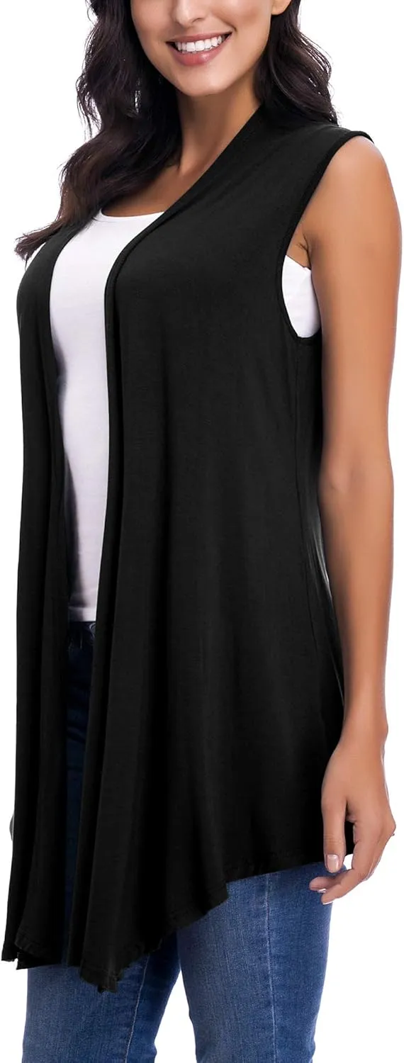 Womens Sleeveless Open Front Draped Asymmetric Hem Cardigan Vest
