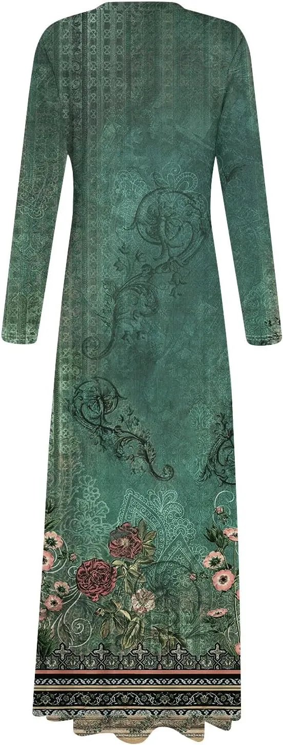 Women's Spring Pretty Sexy Long Sleeve Floral Print Dress Formal V-Neck Long Dresses
