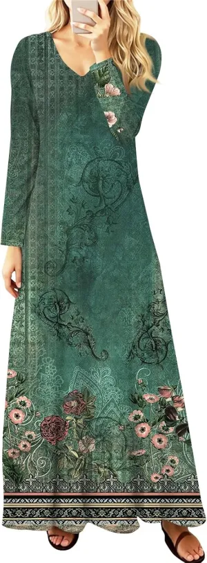 Women's Spring Pretty Sexy Long Sleeve Floral Print Dress Formal V-Neck Long Dresses
