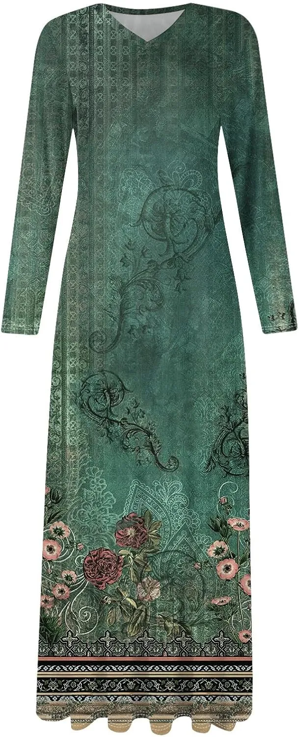 Women's Spring Pretty Sexy Long Sleeve Floral Print Dress Formal V-Neck Long Dresses