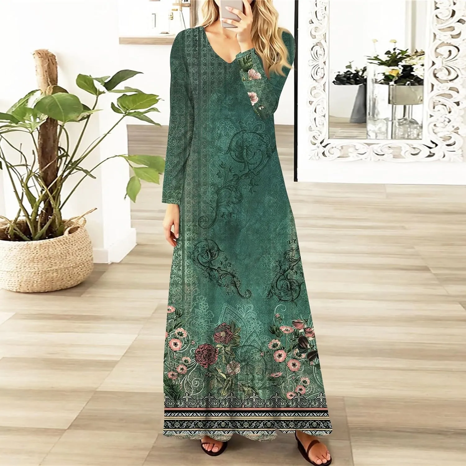 Women's Spring Pretty Sexy Long Sleeve Floral Print Dress Formal V-Neck Long Dresses