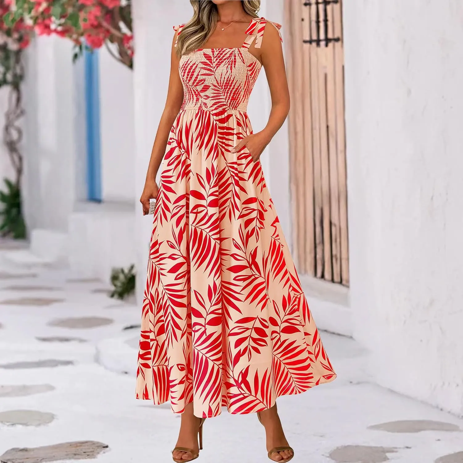 Womens Summer Boho Dress Floral Square Neck Spaghetti Strap Flowy Dress Ruffle A Line Beach Swing Maxi Long Sundress