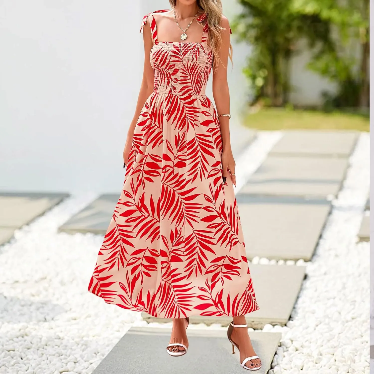 Womens Summer Boho Dress Floral Square Neck Spaghetti Strap Flowy Dress Ruffle A Line Beach Swing Maxi Long Sundress