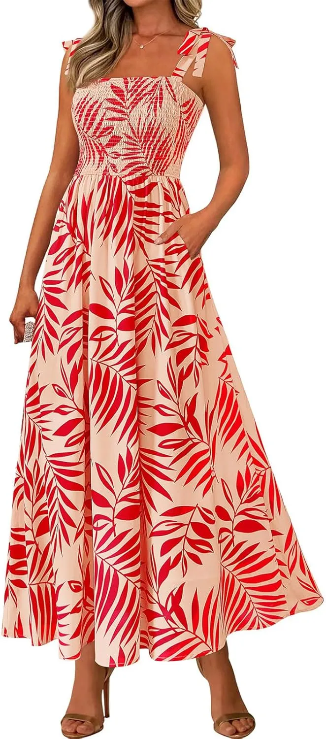 Womens Summer Boho Dress Floral Square Neck Spaghetti Strap Flowy Dress Ruffle A Line Beach Swing Maxi Long Sundress