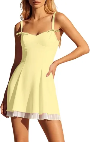 Women's Summer Corset Mini Dress Sleeveless Ruffle Backless Flowy Beach Dresses Spaghetti Straps Solid Casual Dress