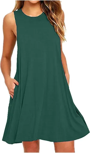 Women's Summer Dresses Beach Vacation Sleeveless Sundress Casual Round Neck A Line Mini Dress with Side Pockets