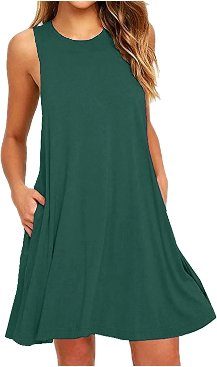 Women's Summer Dresses Beach Vacation Sleeveless Sundress Casual Round Neck A Line Mini Dress with Side Pockets