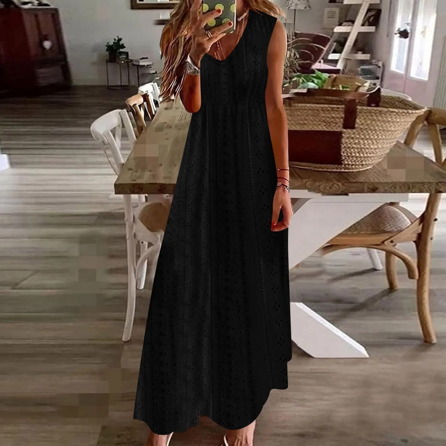 Womens Summer Dresses Boho Dress Spaghetti Strap Eyelet Maxi Dress Casual Beach Sundresses Bohemian Vacation Outfits