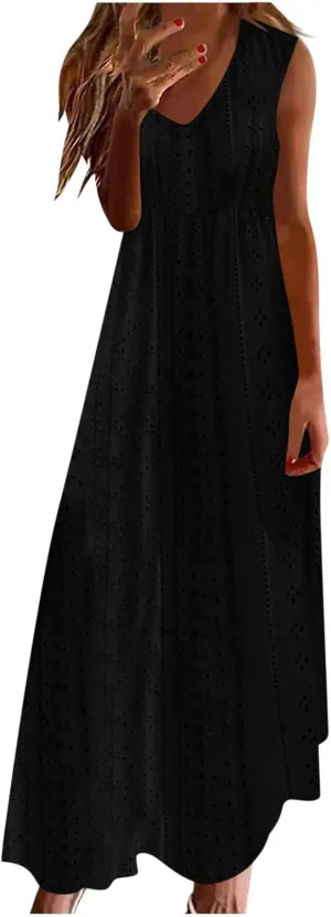 Womens Summer Dresses Boho Dress Spaghetti Strap Eyelet Maxi Dress Casual Beach Sundresses Bohemian Vacation Outfits