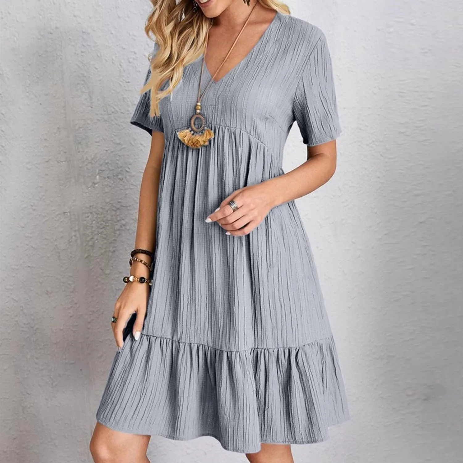Women's Summer Dresses Casual Midi Swing Short Sleeve V Neck Tiered A Line Flowy Beach Dress Sundress 2025
