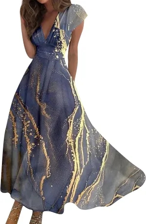 Womens Summer Dresses Wrap V Neck Floral Print Boho Dress Flowy Ruched Sleeveless Maxi Dress High Waist Sundress