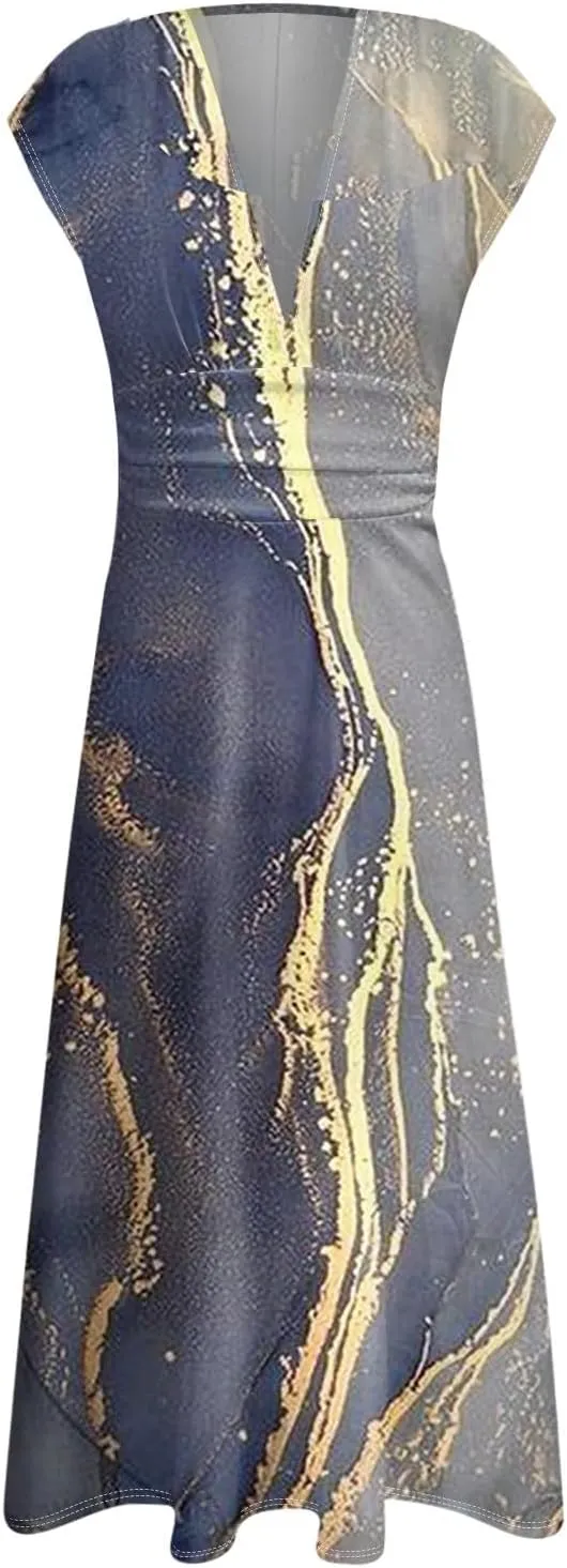 Womens Summer Dresses Wrap V Neck Floral Print Boho Dress Flowy Ruched Sleeveless Maxi Dress High Waist Sundress