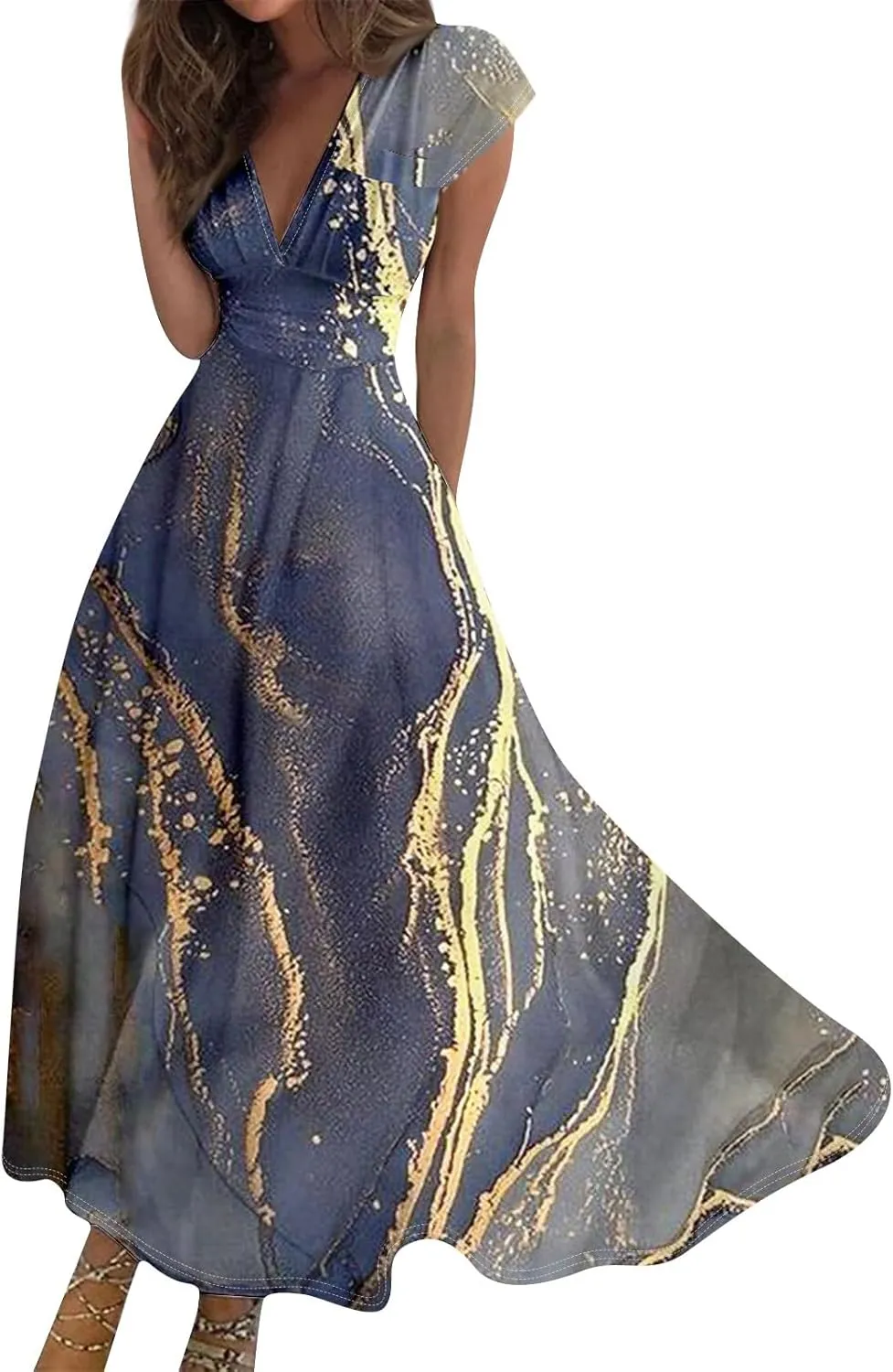 Womens Summer Dresses Wrap V Neck Floral Print Boho Dress Flowy Ruched Sleeveless Maxi Dress High Waist Sundress