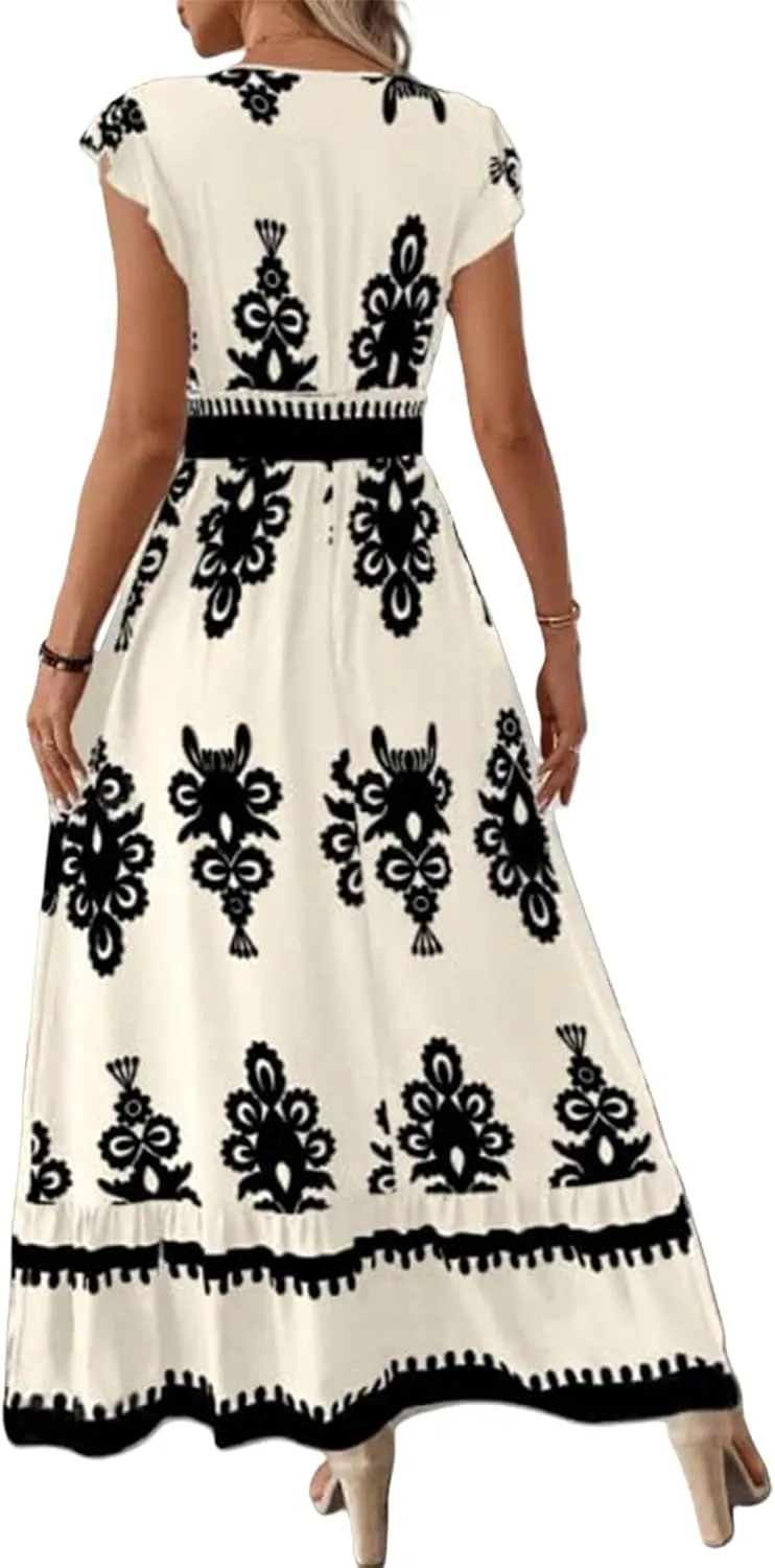 Womens Summer Maxi Dress V Neck Boho Floral Print Short Sleeve A Line Dresses Casual Flowy Vacation Beach Swing Dress