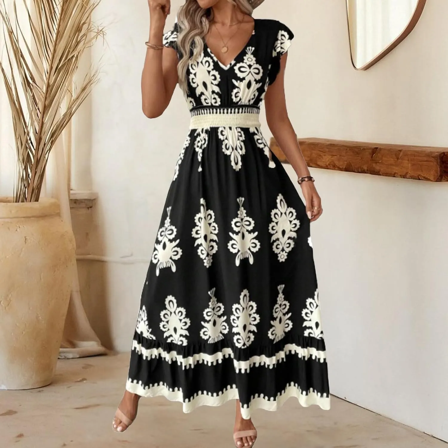 Womens Summer Maxi Dress V Neck Boho Floral Print Short Sleeve A Line Dresses Casual Flowy Vacation Beach Swing Dress