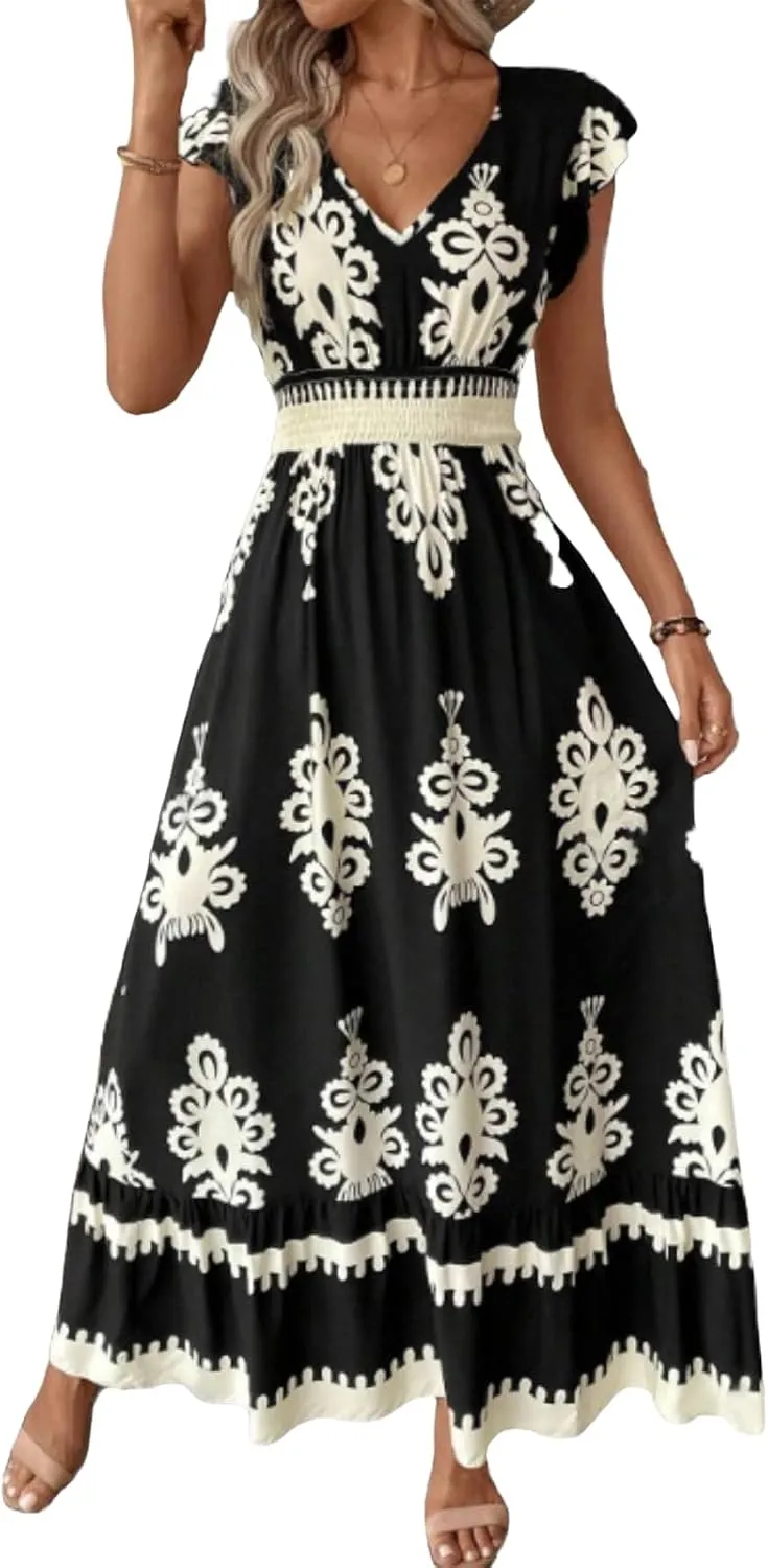 Womens Summer Maxi Dress V Neck Boho Floral Print Short Sleeve A Line Dresses Casual Flowy Vacation Beach Swing Dress