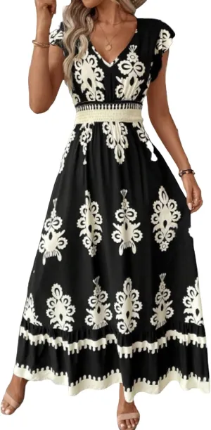 Womens Summer Maxi Dress V Neck Boho Floral Print Short Sleeve A Line Dresses Casual Flowy Vacation Beach Swing Dress