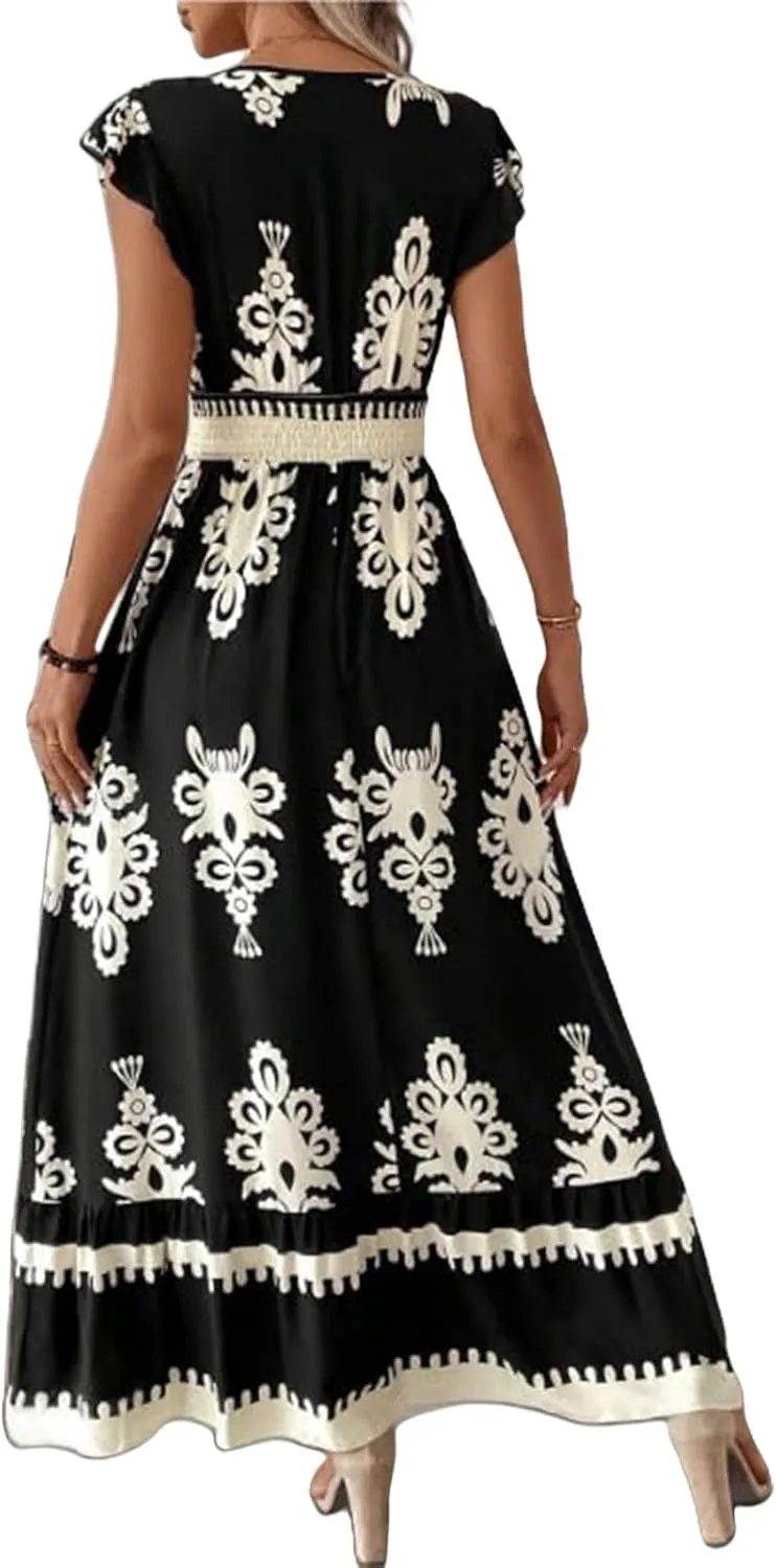 Womens Summer Maxi Dress V Neck Boho Floral Print Short Sleeve A Line Dresses Casual Flowy Vacation Beach Swing Dress