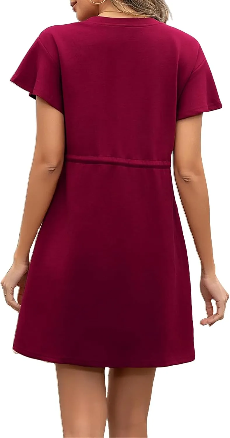 Womens Summer Mini Dress Casual Round Neck Ruffle Short Sleeve Dresses Trendy Drawstring Tunic Sundress with Pockets