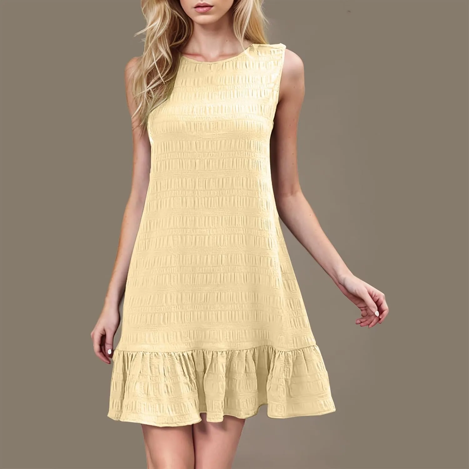 Women's Summer Ruched Bodycon Mini Dress Puff Sleeve Ruffle Fitted Cocktail Party Dresses Spring Sleeveless Dress