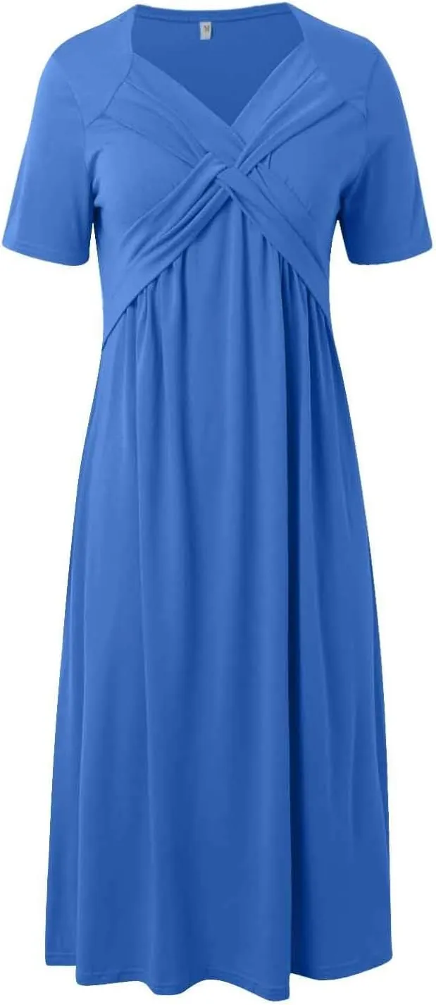Women's Summer Short Sleeve A-Line Midi Dresses Casual Tiered T-Shirt Dress Flowy Beach Sundress with Pockets