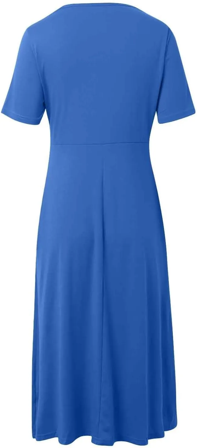 Women's Summer Short Sleeve A-Line Midi Dresses Casual Tiered T-Shirt Dress Flowy Beach Sundress with Pockets