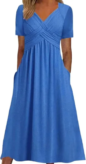 Women's Summer Short Sleeve A-Line Midi Dresses Casual Tiered T-Shirt Dress Flowy Beach Sundress with Pockets