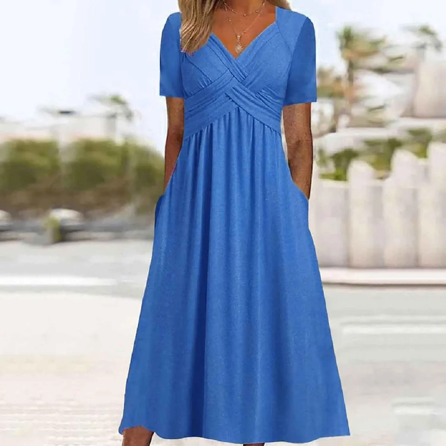 Women's Summer Short Sleeve A-Line Midi Dresses Casual Tiered T-Shirt Dress Flowy Beach Sundress with Pockets