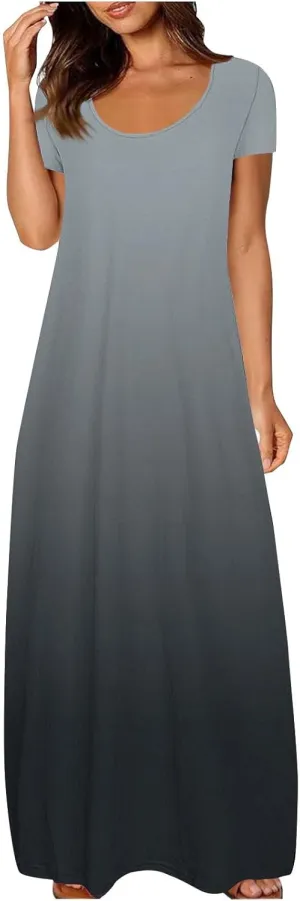 Women's Summer Short Sleeve Dress Gradient Color Scoop Neck Casual Beach Maxi Dresses Loose Fit Tunic Sundresses