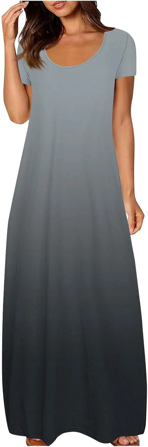 Women's Summer Short Sleeve Dress Gradient Color Scoop Neck Casual Beach Maxi Dresses Loose Fit Tunic Sundresses