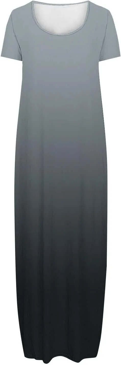 Women's Summer Short Sleeve Dress Gradient Color Scoop Neck Casual Beach Maxi Dresses Loose Fit Tunic Sundresses