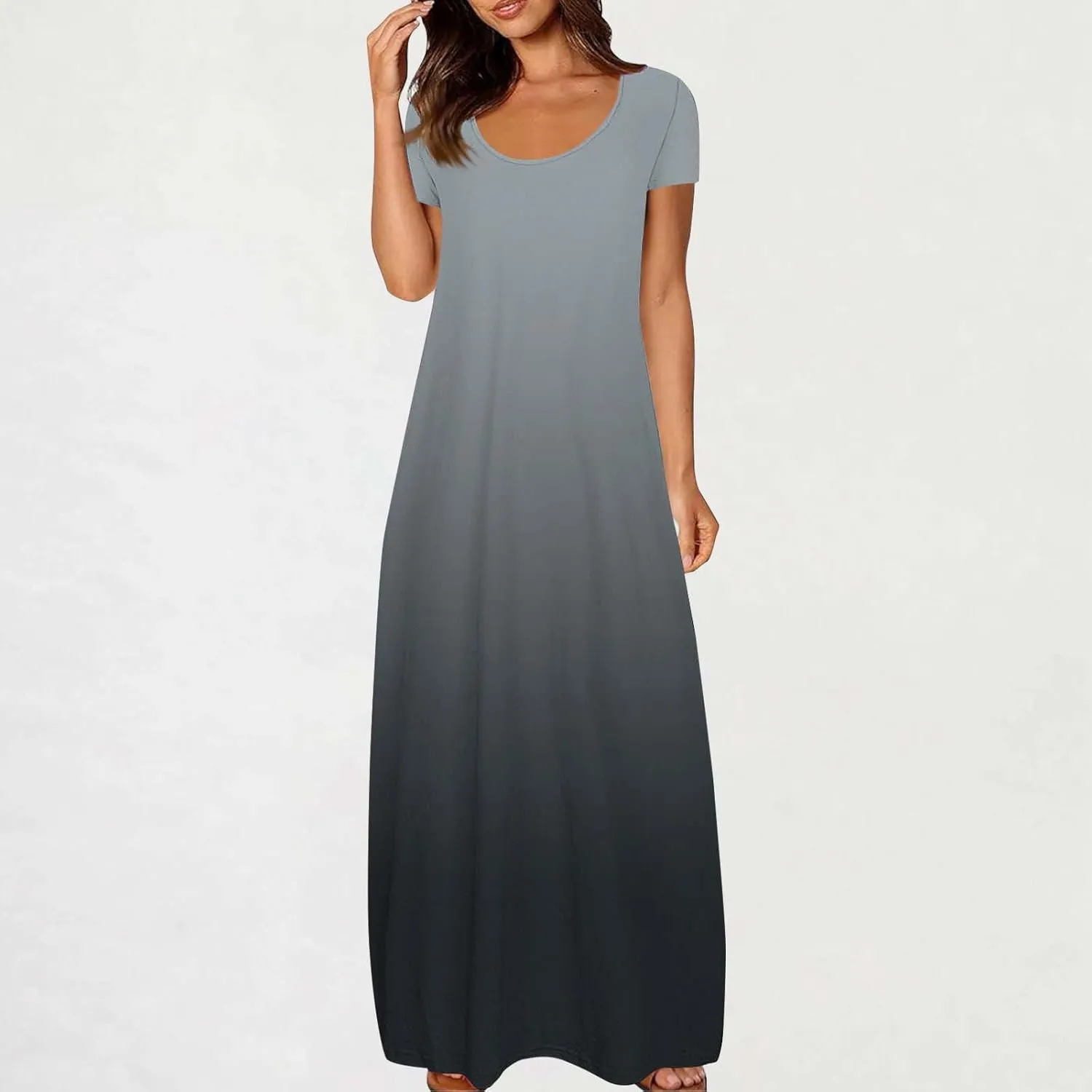 Women's Summer Short Sleeve Dress Gradient Color Scoop Neck Casual Beach Maxi Dresses Loose Fit Tunic Sundresses