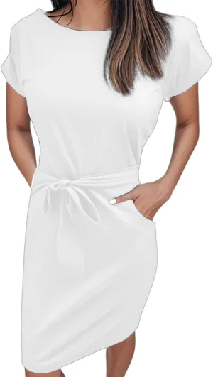 Women's Summer Short Sleeve T Shirt Dress Solid Color Casual Tie Waist 2025 Vacation Midi Dresses with Pockets