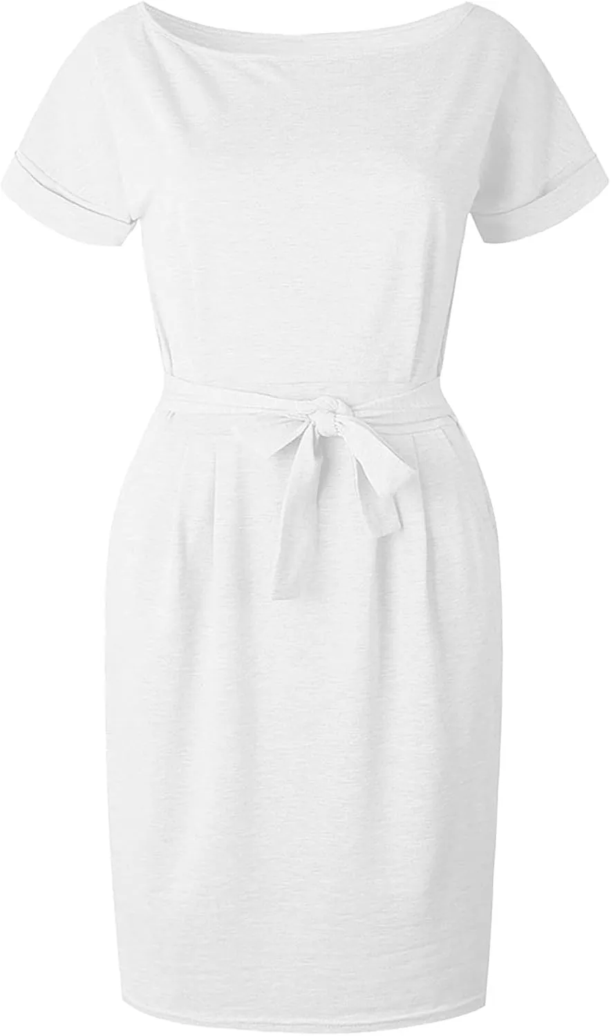 Women's Summer Short Sleeve T Shirt Dress Solid Color Casual Tie Waist 2025 Vacation Midi Dresses with Pockets