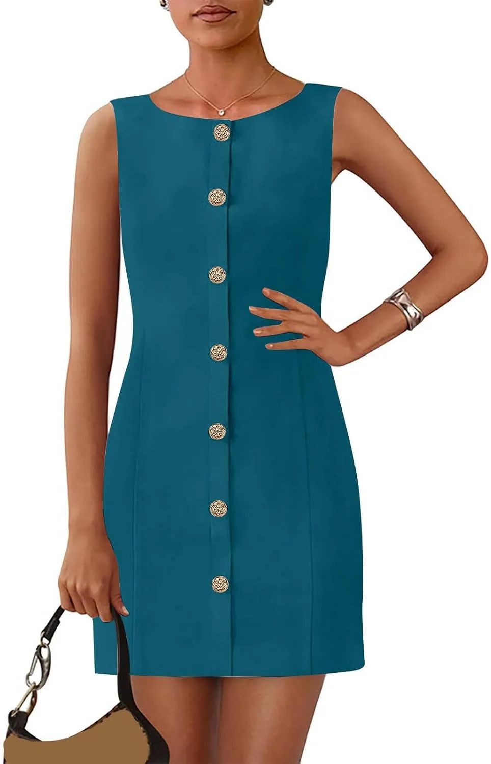 Women's Summer Sleeveless Crew Neck Bodycon Midi Dresses Dressy Casual Party Business Work Button Down Tank Dress