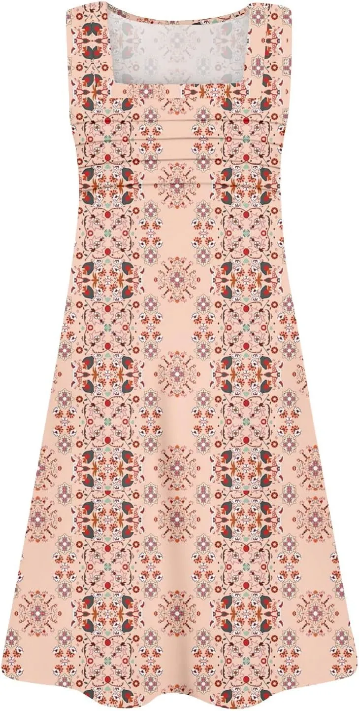 Women's Sun Dresses Summer Casual Square Neck Pleated Floral Print Swing Sundresses Beach Tshirt Dresses, S-3XL