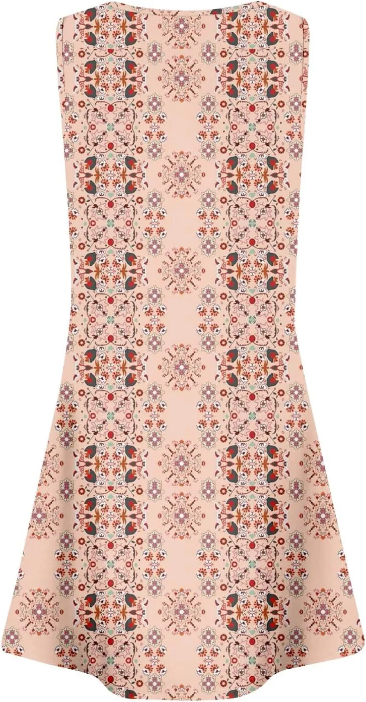 Women's Sun Dresses Summer Casual Square Neck Pleated Floral Print Swing Sundresses Beach Tshirt Dresses, S-3XL
