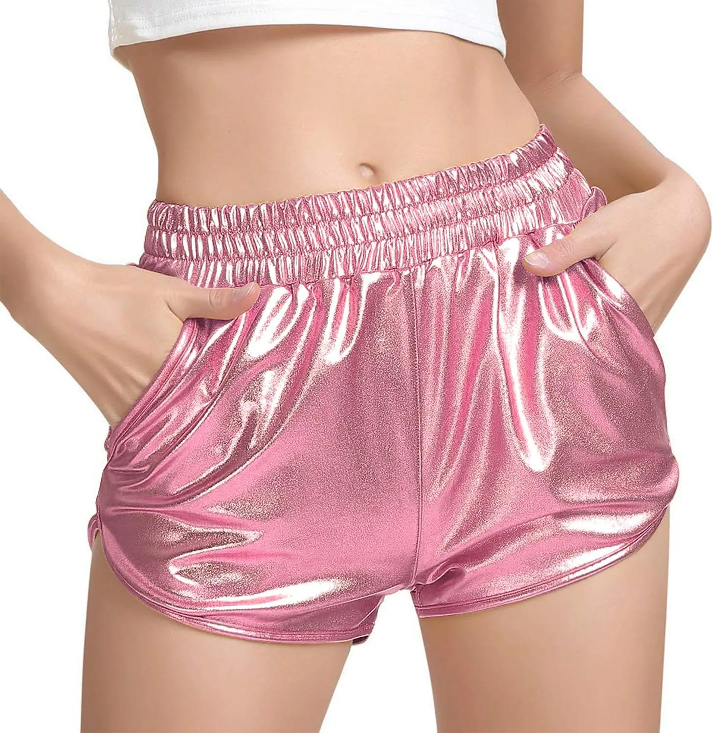 Women's Yoga Hot Shorts Elastic Waist Shiny Metallic Short Pants