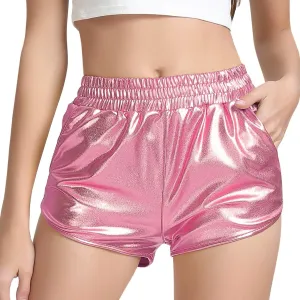 Women's Yoga Hot Shorts Elastic Waist Shiny Metallic Short Pants