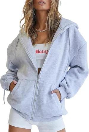 Women's Zip Up Hoodie Long Sleeve Fall Oversized Sweatshirts Casual Drawstring Y2k Hoodies Jacket With Pocket