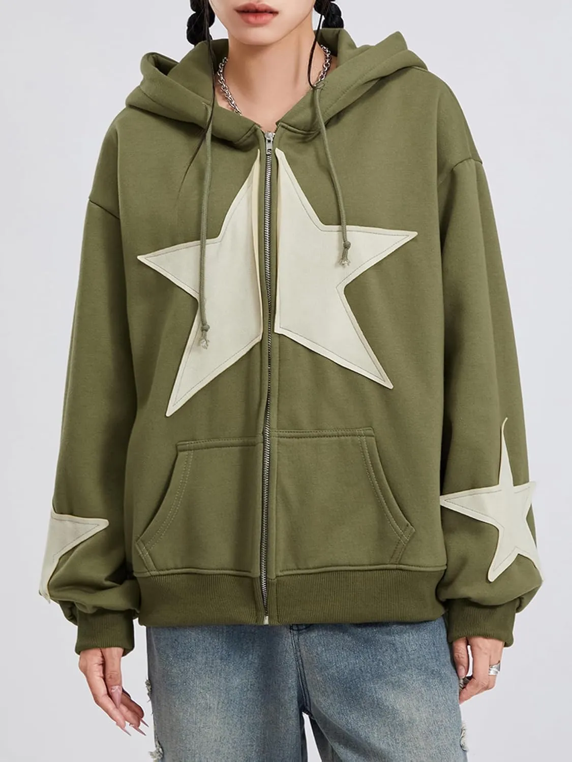 Womens Zip Up Hoodies Long Sleeve Spring Fall Star Print Oversized Sweatshirts Y2K Jacket with Pockets