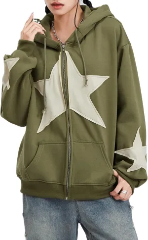 Womens Zip Up Hoodies Long Sleeve Spring Fall Star Print Oversized Sweatshirts Y2K Jacket with Pockets