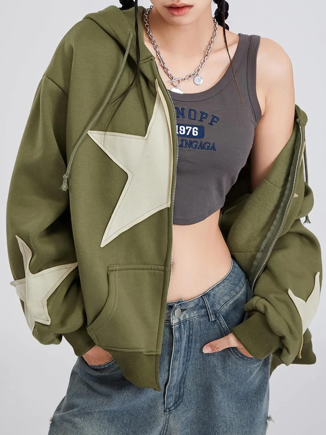 Womens Zip Up Hoodies Long Sleeve Spring Fall Star Print Oversized Sweatshirts Y2K Jacket with Pockets