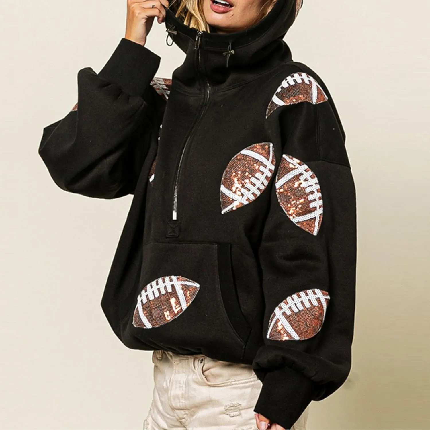 Xunger Women's Football Sequin Hoodie Half Zip Long Sleeve Rugby Patches Game Day Hooded Sweatshirt