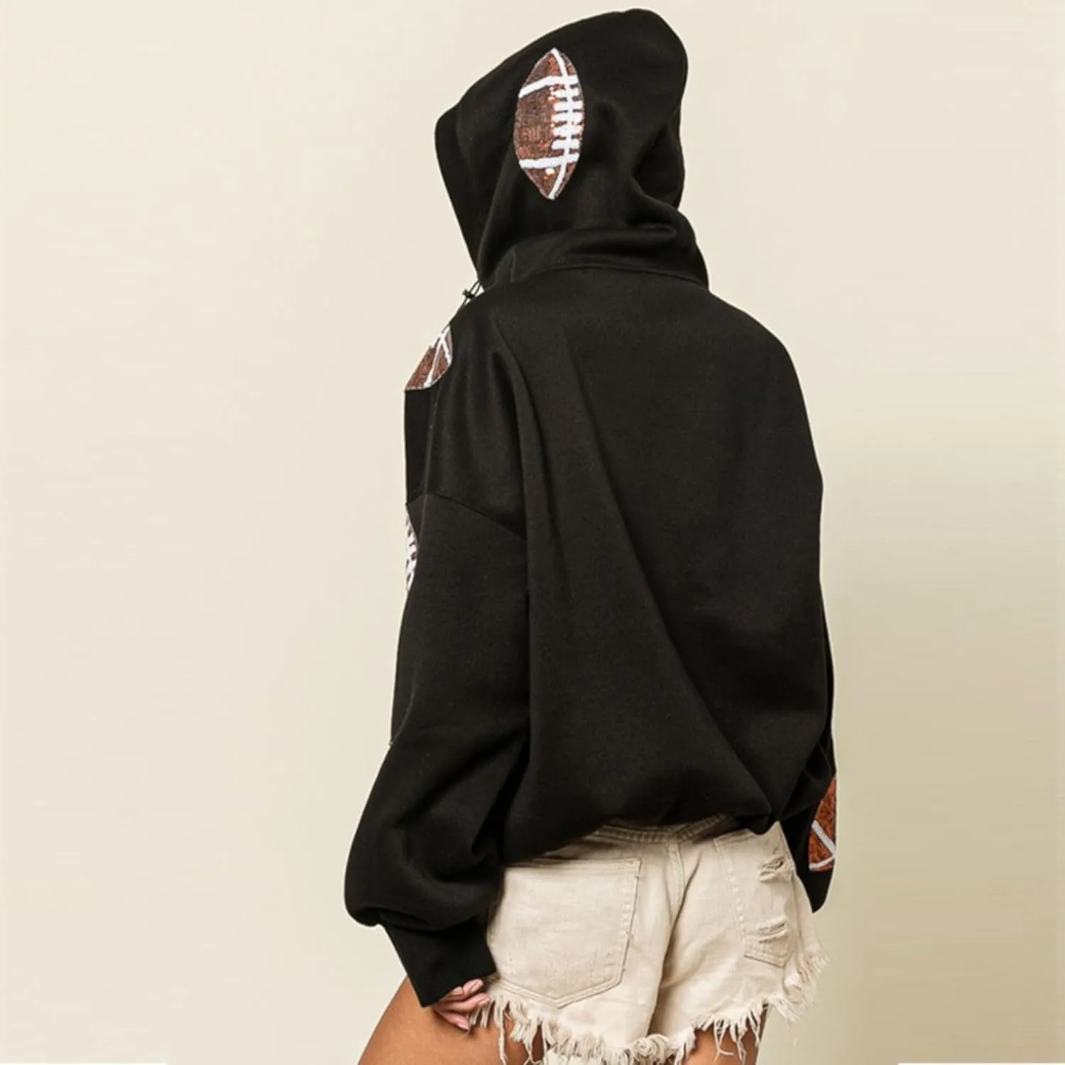 Xunger Women's Football Sequin Hoodie Half Zip Long Sleeve Rugby Patches Game Day Hooded Sweatshirt